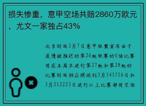 损失惨重，意甲空场共赔2860万欧元，尤文一家独占43%